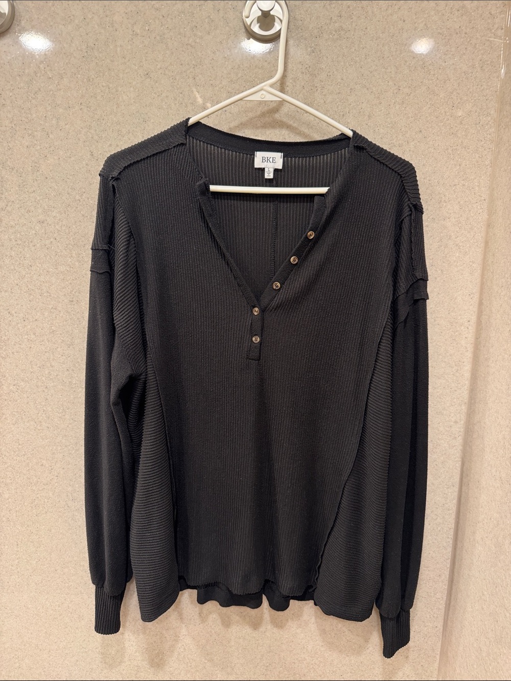 BKE Black Ribbed Button Henley Top
